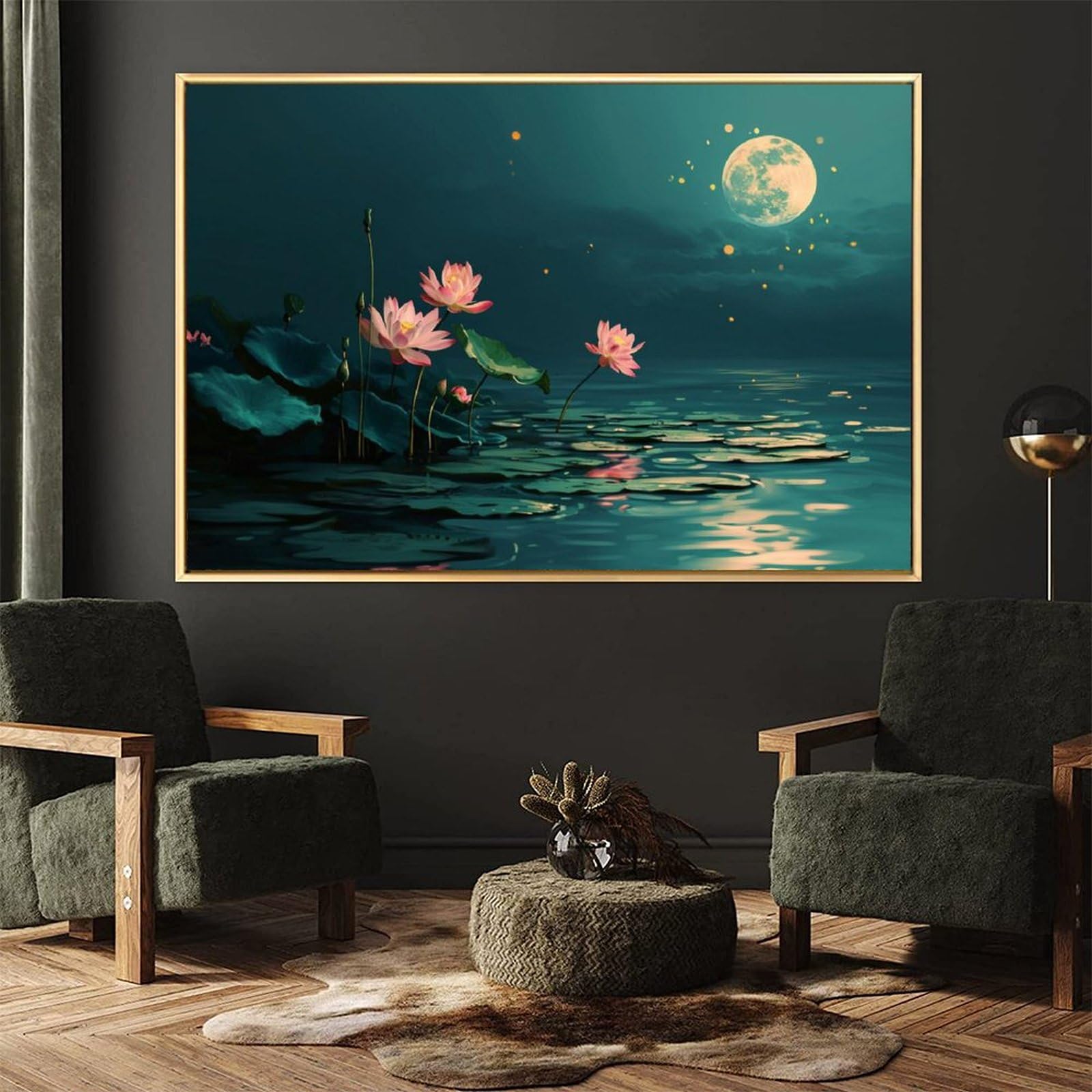 ★お値下げ不可★インテリア　絵画 Amazon.co.jp: 絵画 月明かりの下の蓮の池インテリア 絵画 油絵